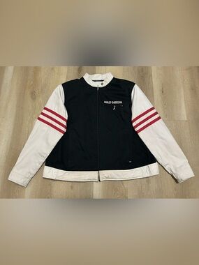 Harley-Davidson Women’s Black Jacket with White Sleeves and Red Stripes